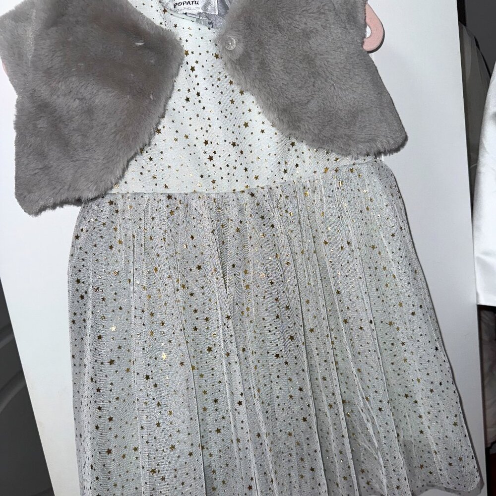 Popatu Baby Girl Dress w/ Faux Fur Vest – Size 24M